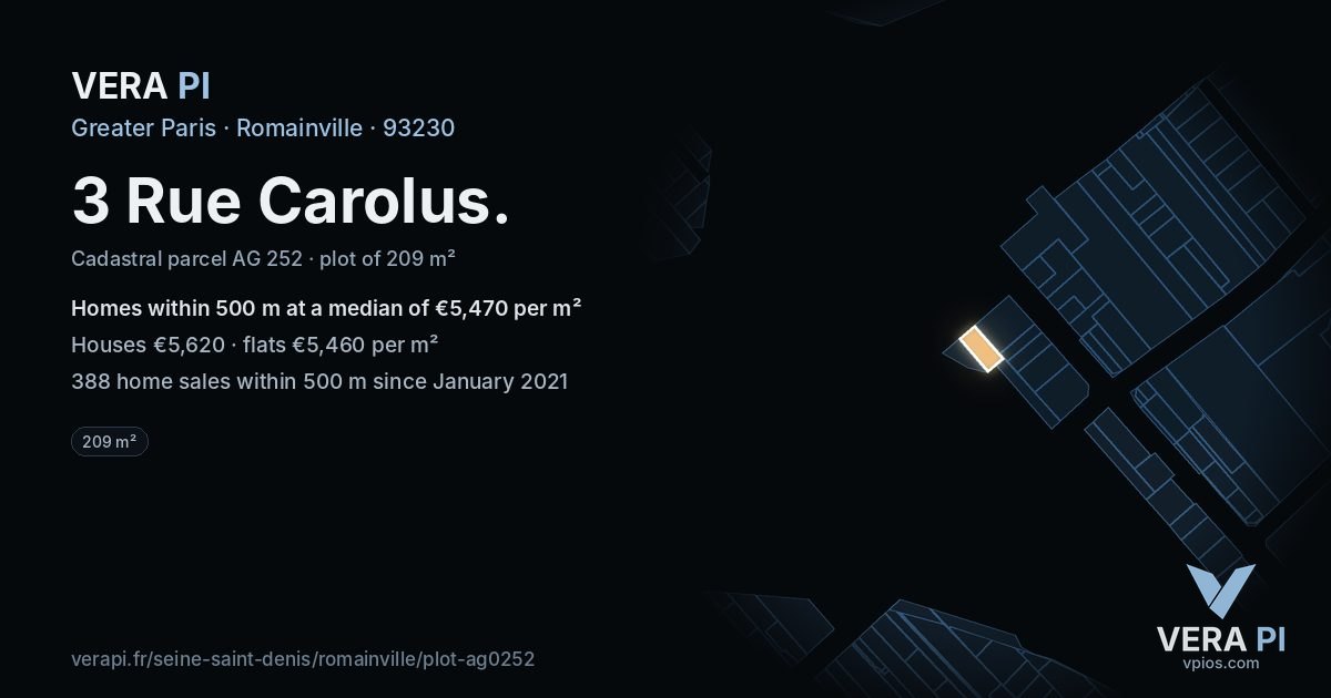 3 Rue Carolus, Romainville at night – the plot lit, the parcels around coloured by the prices near them