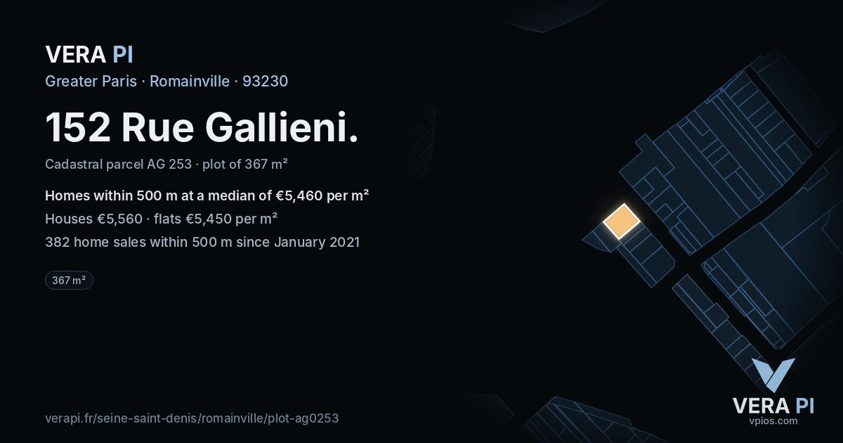 152 Rue Gallieni, Romainville at night – the plot lit, the parcels around coloured by the prices near them
