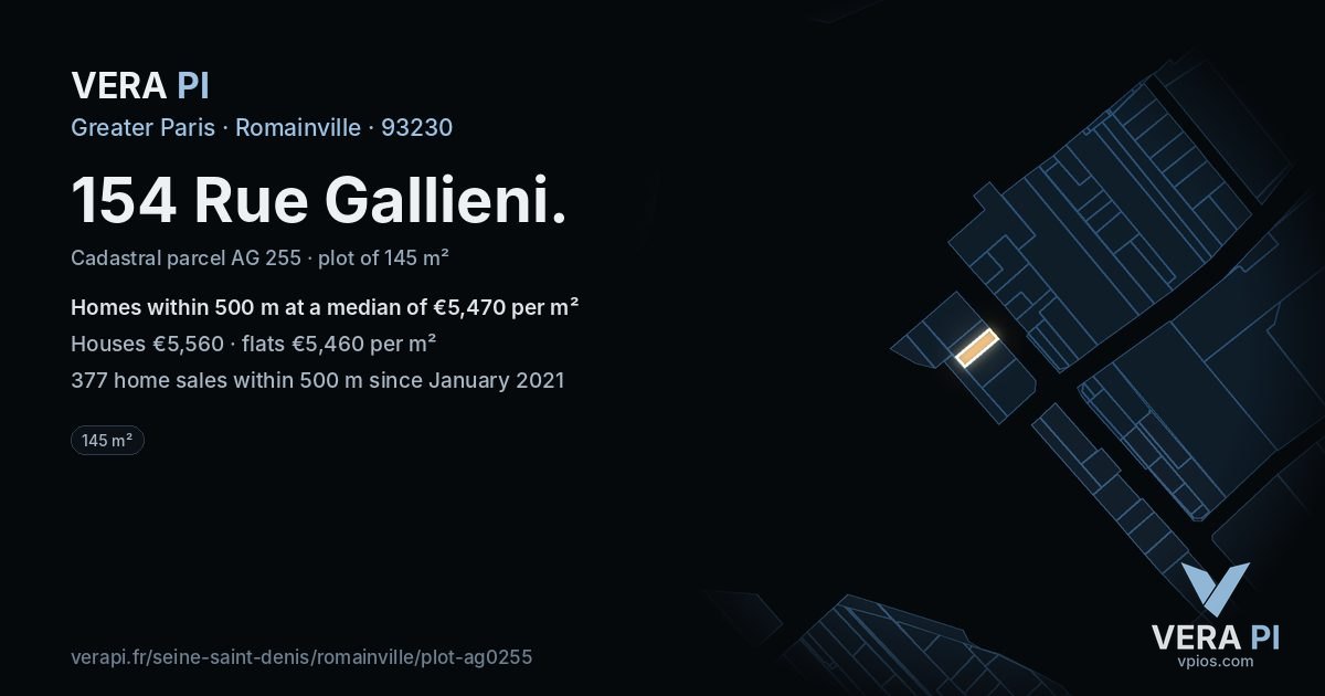 154 Rue Gallieni, Romainville at night – the plot lit, the parcels around coloured by the prices near them