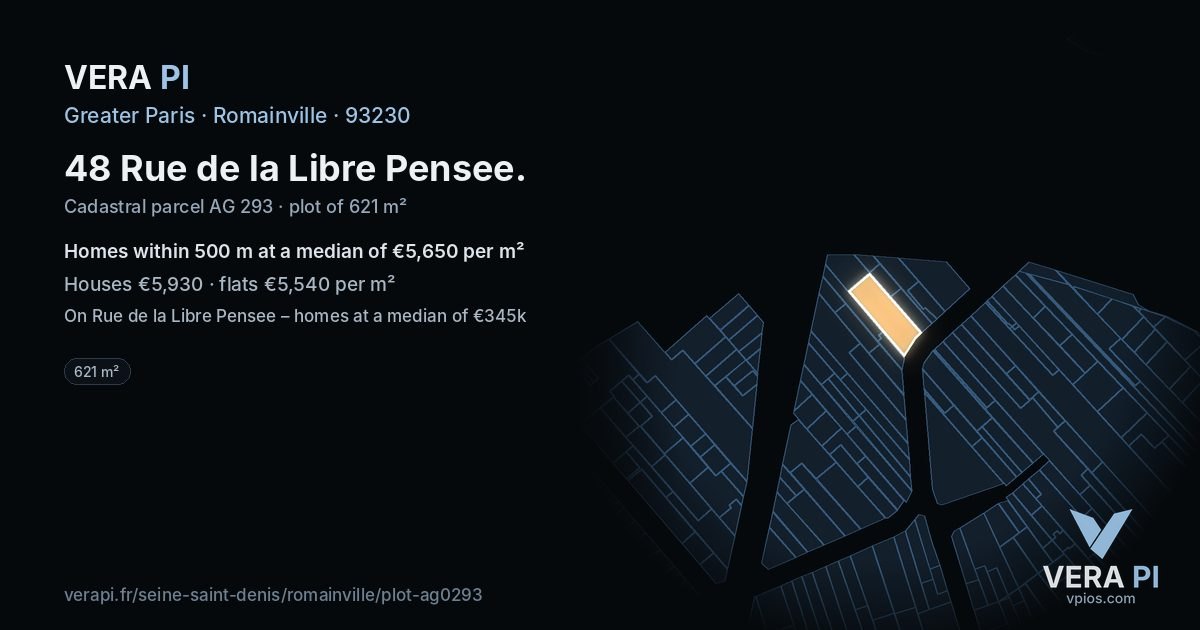 48 Rue de la Libre Pensee, Romainville at night – the plot lit, the parcels around coloured by the prices near them