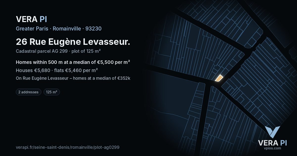 26 Rue Eugène Levasseur, Romainville at night – the plot lit, the parcels around coloured by the prices near them