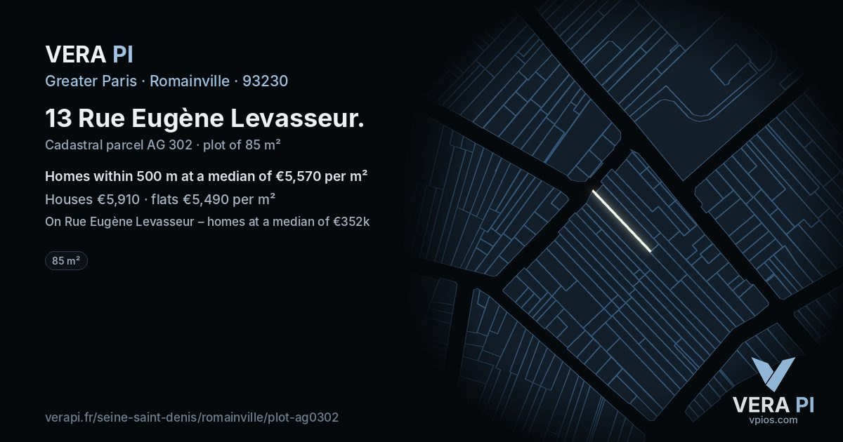 13 Rue Eugène Levasseur, Romainville at night – the plot lit, the parcels around coloured by the prices near them