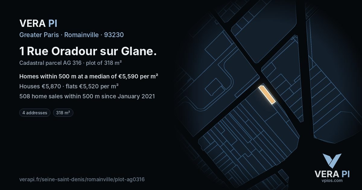 1 Rue Oradour sur Glane, Romainville at night – the plot lit, the parcels around coloured by the prices near them