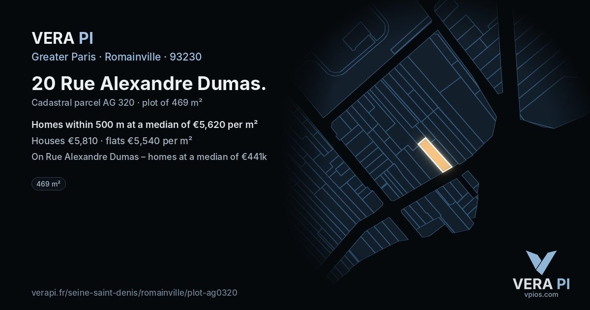 20 Rue Alexandre Dumas, Romainville at night – the plot lit, the parcels around coloured by the prices near them
