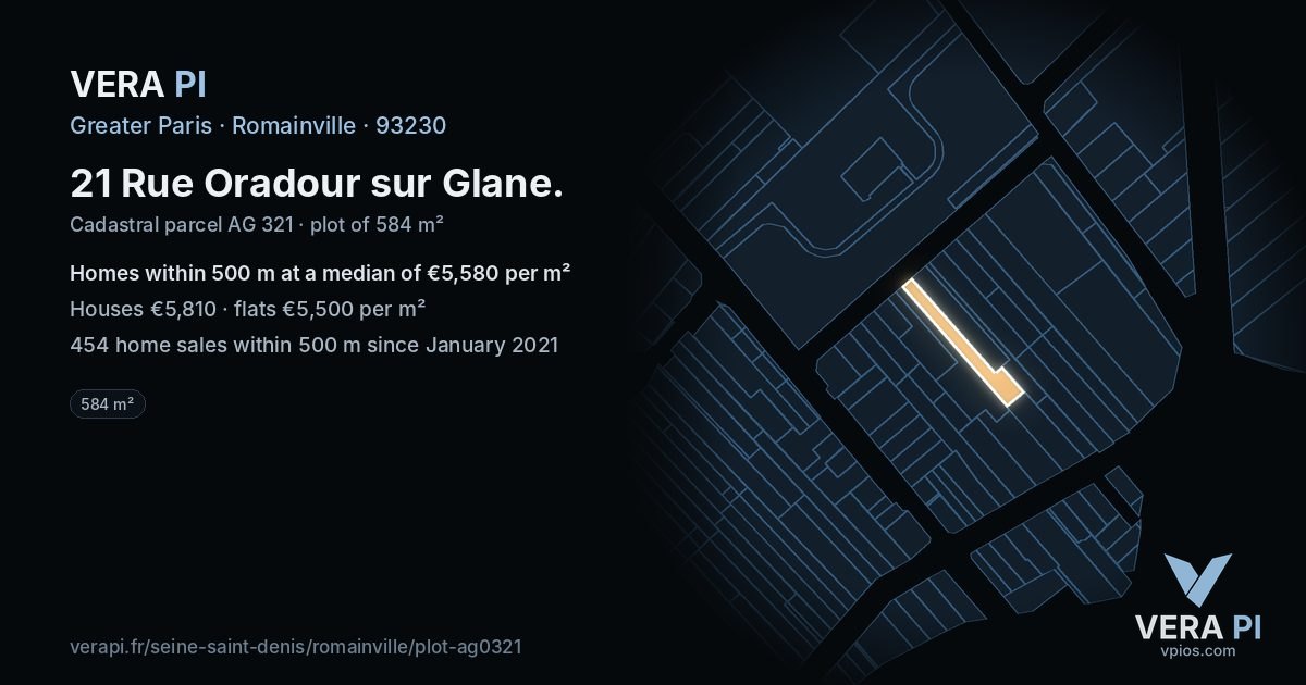21 Rue Oradour sur Glane, Romainville at night – the plot lit, the parcels around coloured by the prices near them