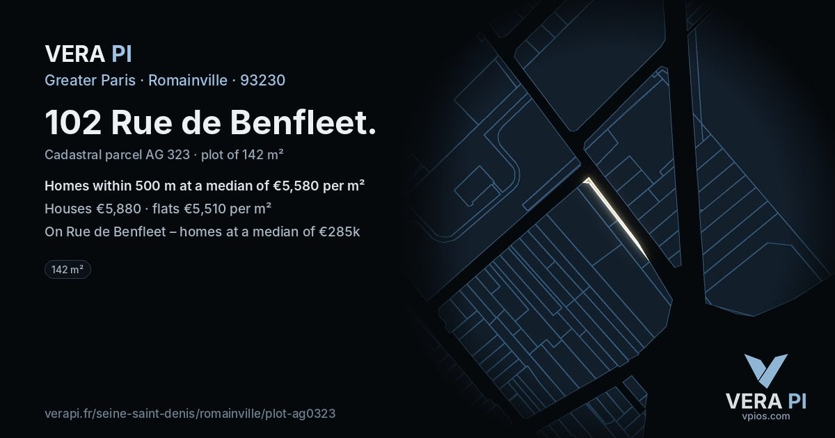 102 Rue de Benfleet, Romainville at night – the plot lit, the parcels around coloured by the prices near them