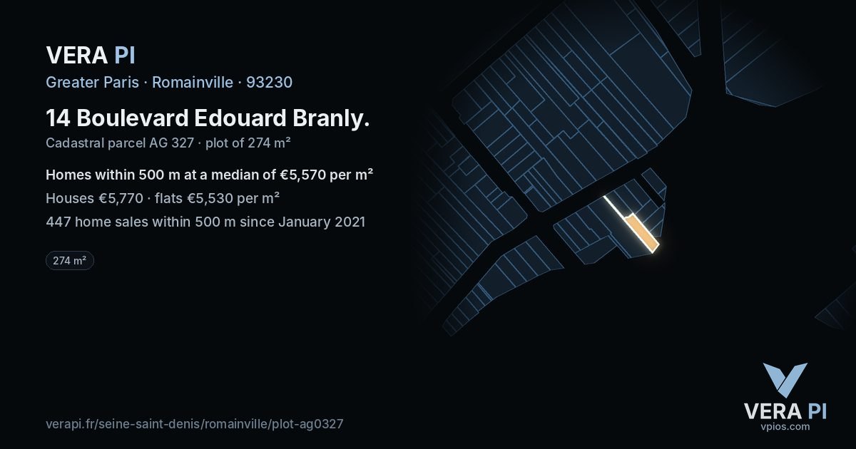 14 Boulevard Edouard Branly, Romainville at night – the plot lit, the parcels around coloured by the prices near them