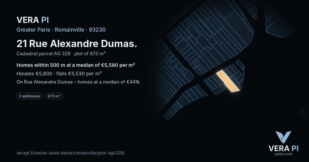 21 Rue Alexandre Dumas, Romainville at night – the plot lit, the parcels around coloured by the prices near them