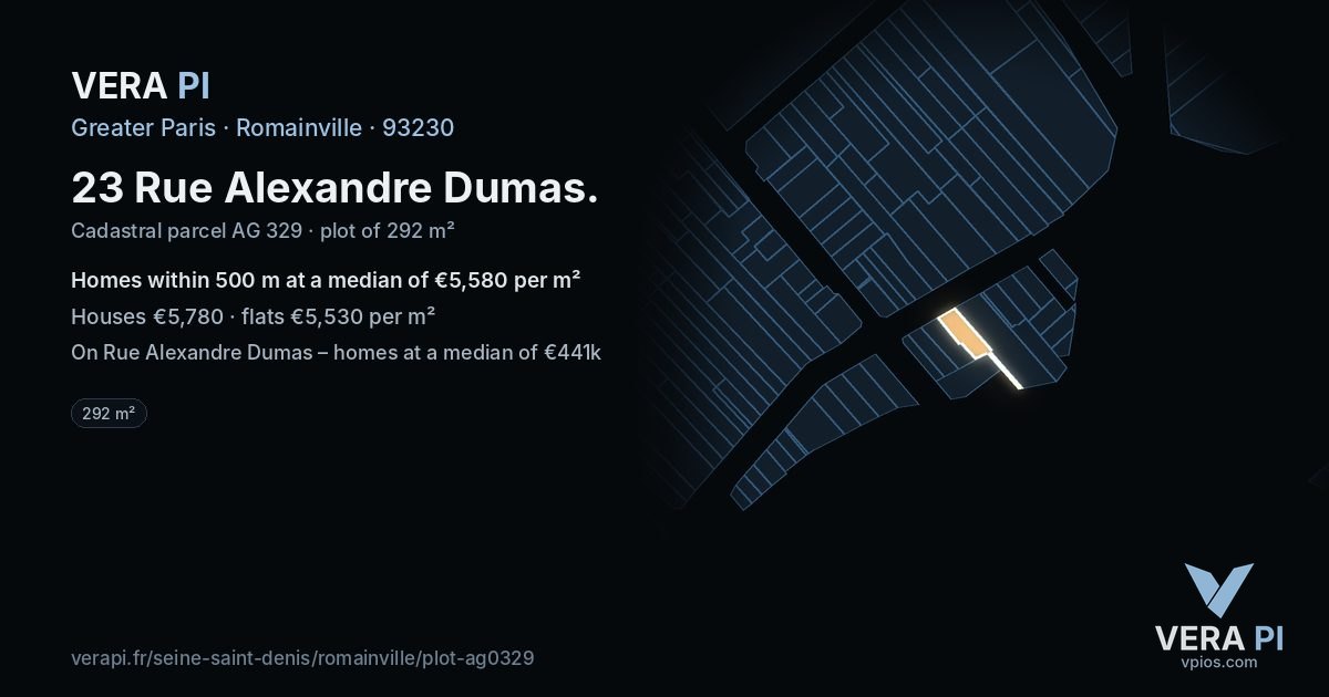 23 Rue Alexandre Dumas, Romainville at night – the plot lit, the parcels around coloured by the prices near them