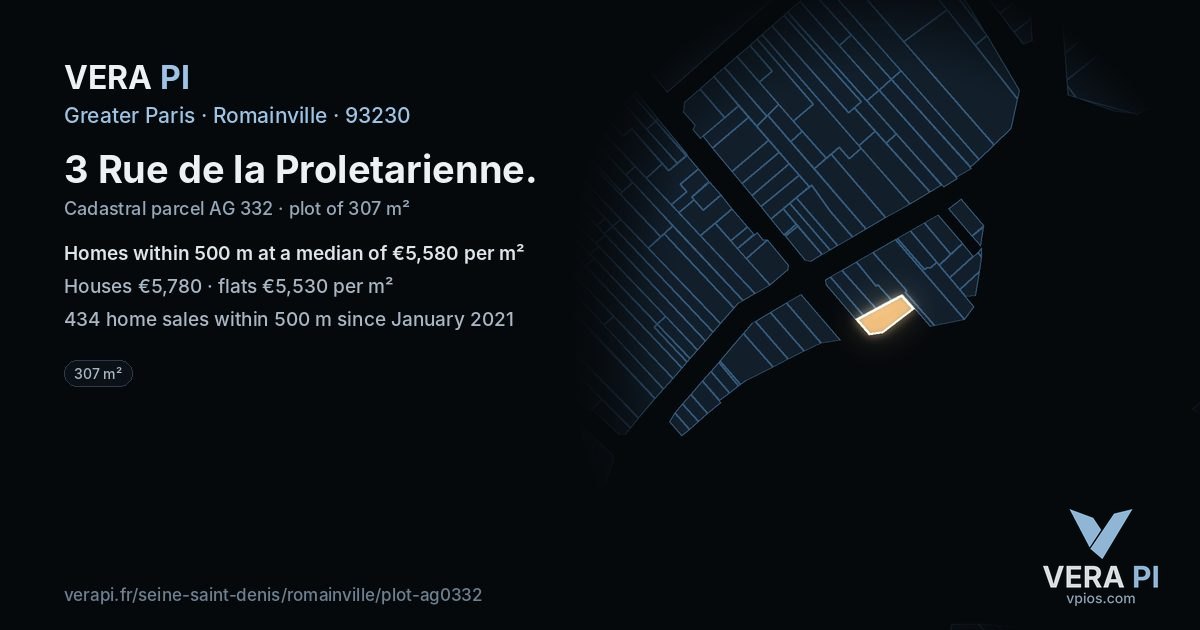 3 Rue de la Proletarienne, Romainville at night – the plot lit, the parcels around coloured by the prices near them