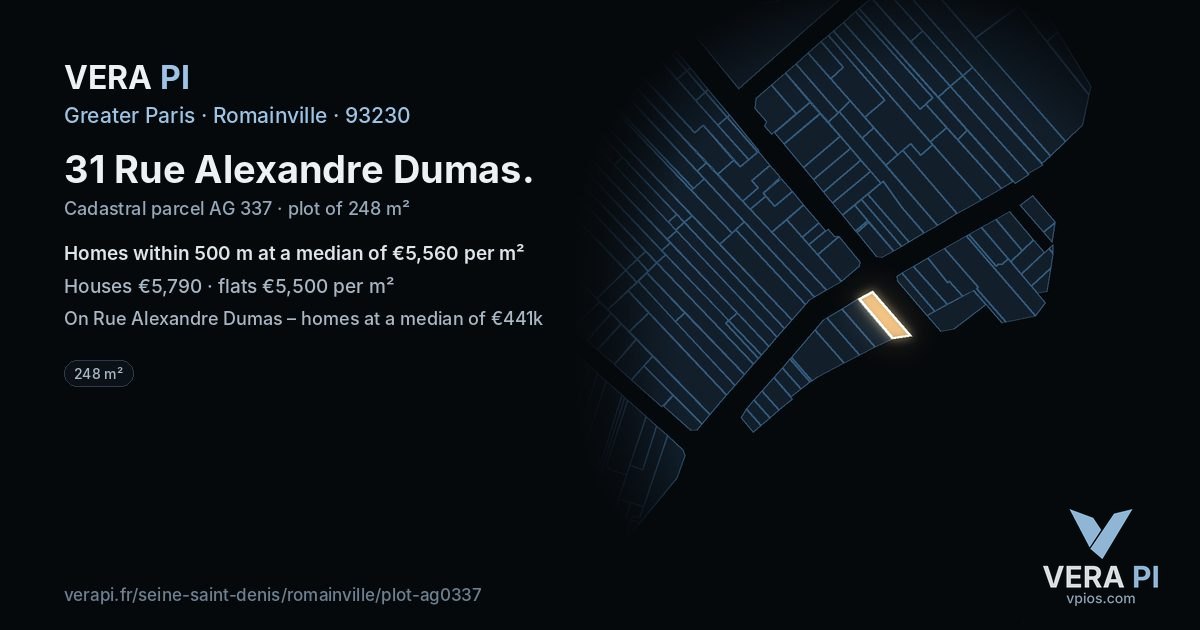 31 Rue Alexandre Dumas, Romainville at night – the plot lit, the parcels around coloured by the prices near them
