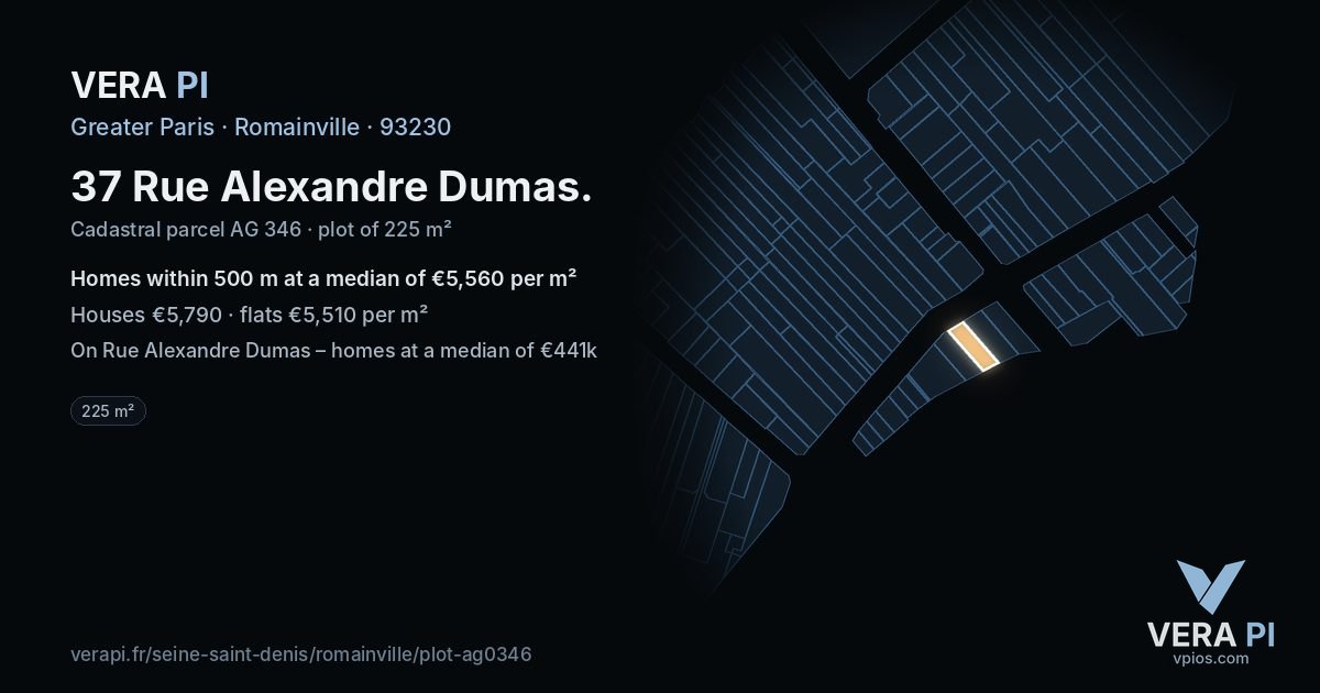 37 Rue Alexandre Dumas, Romainville at night – the plot lit, the parcels around coloured by the prices near them