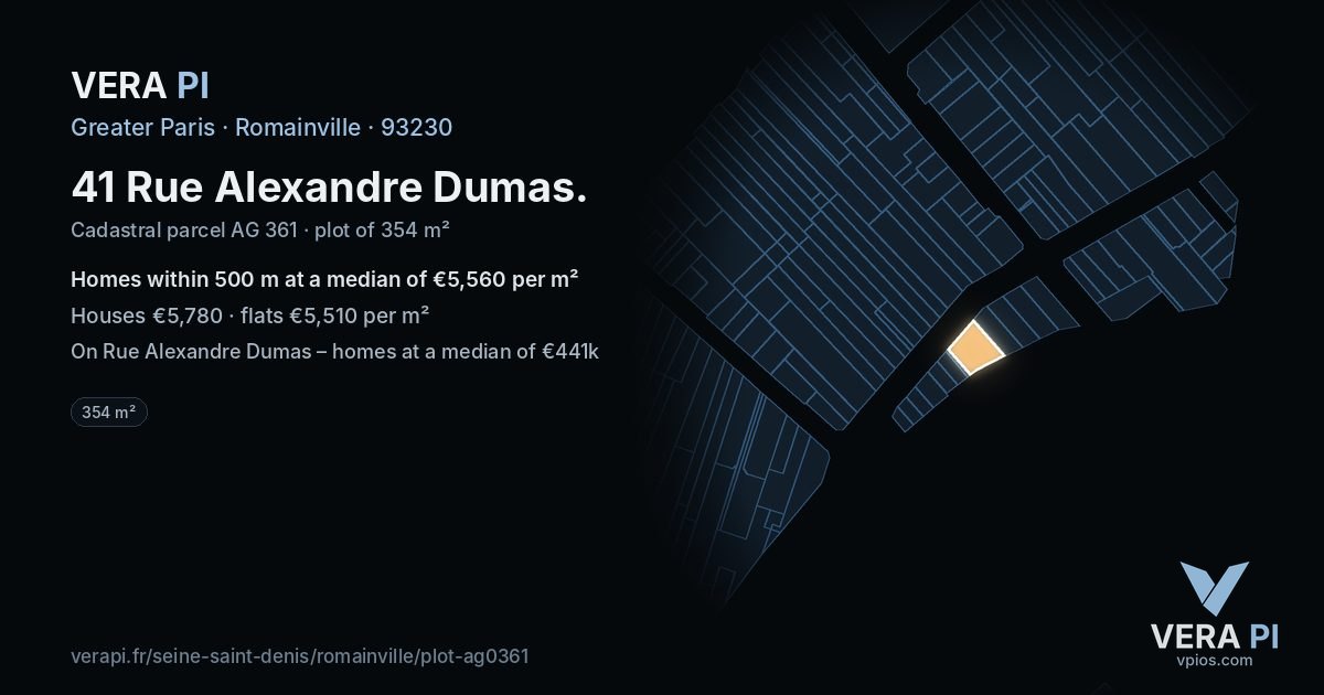 41 Rue Alexandre Dumas, Romainville at night – the plot lit, the parcels around coloured by the prices near them