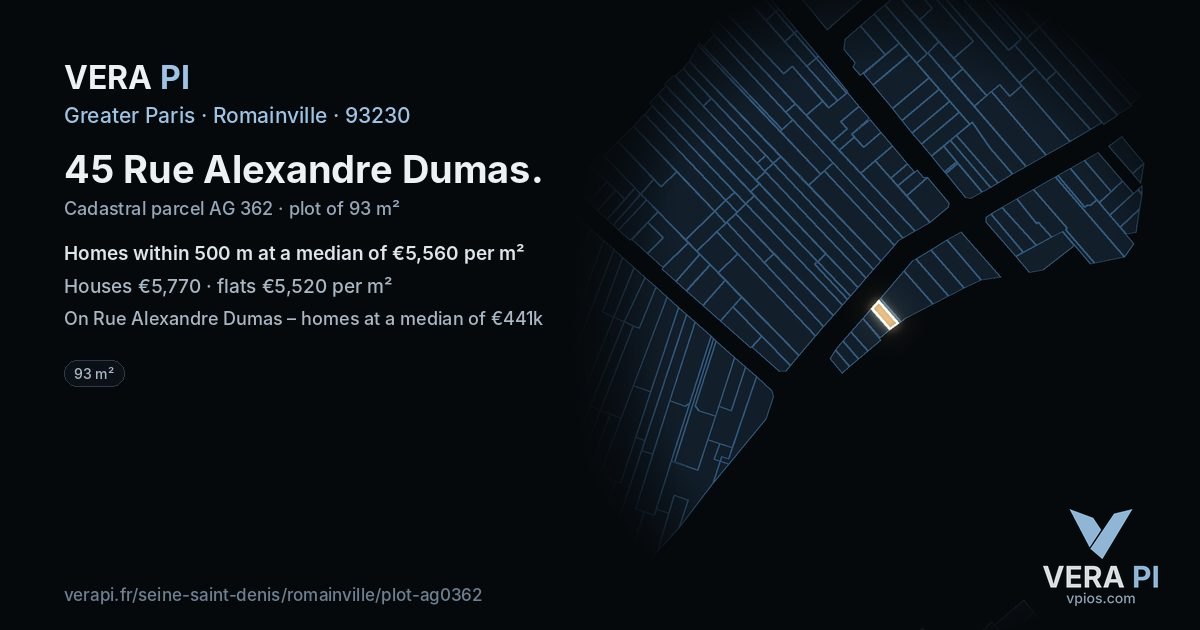 45 Rue Alexandre Dumas, Romainville at night – the plot lit, the parcels around coloured by the prices near them