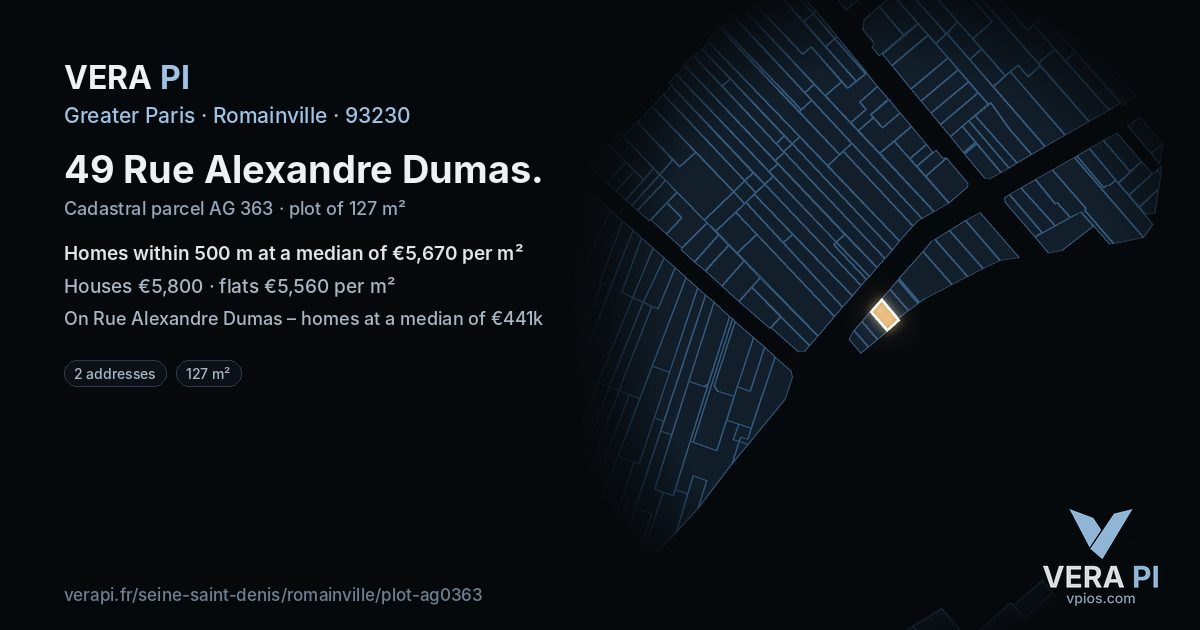 49 Rue Alexandre Dumas, Romainville at night – the plot lit, the parcels around coloured by the prices near them