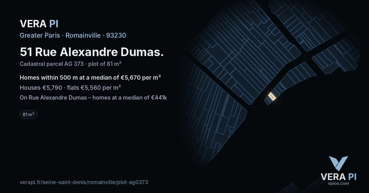 51 Rue Alexandre Dumas, Romainville at night – the plot lit, the parcels around coloured by the prices near them