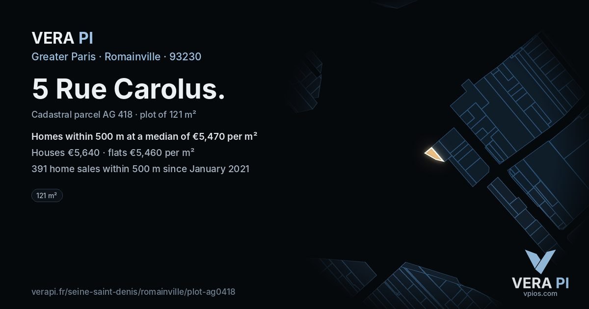 5 Rue Carolus, Romainville at night – the plot lit, the parcels around coloured by the prices near them