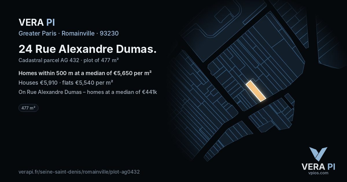 24 Rue Alexandre Dumas, Romainville at night – the plot lit, the parcels around coloured by the prices near them