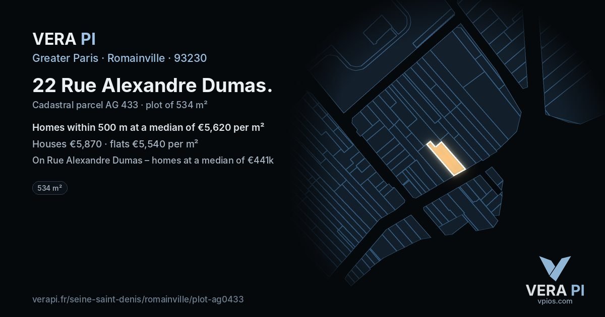 22 Rue Alexandre Dumas, Romainville at night – the plot lit, the parcels around coloured by the prices near them
