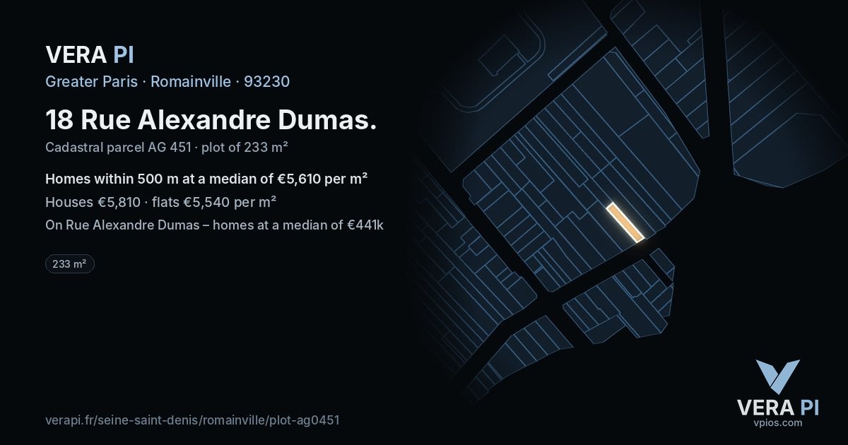 18 Rue Alexandre Dumas, Romainville at night – the plot lit, the parcels around coloured by the prices near them