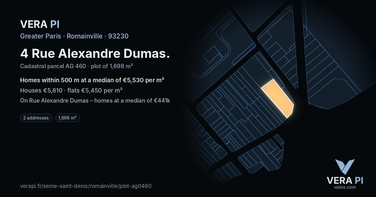 4 Rue Alexandre Dumas, Romainville at night – the plot lit, the parcels around coloured by the prices near them