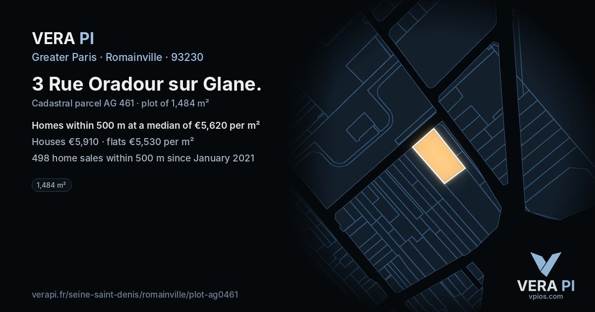 3 Rue Oradour sur Glane, Romainville at night – the plot lit, the parcels around coloured by the prices near them