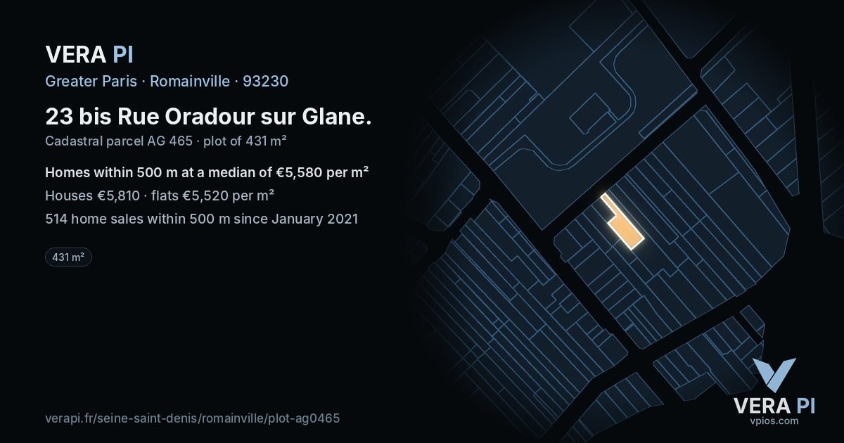 23 bis Rue Oradour sur Glane, Romainville at night – the plot lit, the parcels around coloured by the prices near them