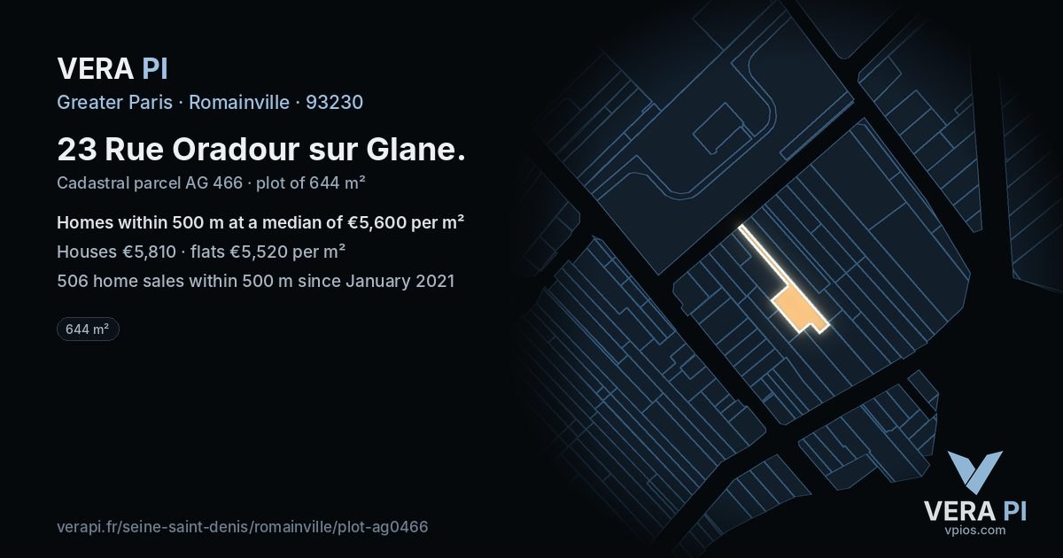 23 Rue Oradour sur Glane, Romainville at night – the plot lit, the parcels around coloured by the prices near them