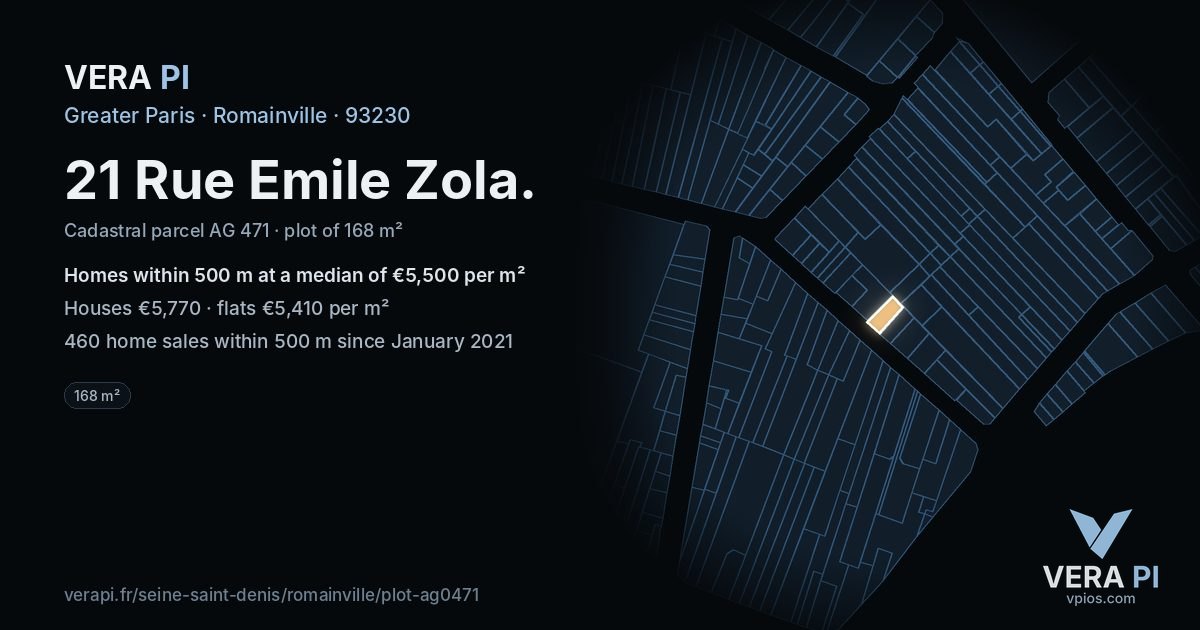 21 Rue Emile Zola, Romainville at night – the plot lit, the parcels around coloured by the prices near them