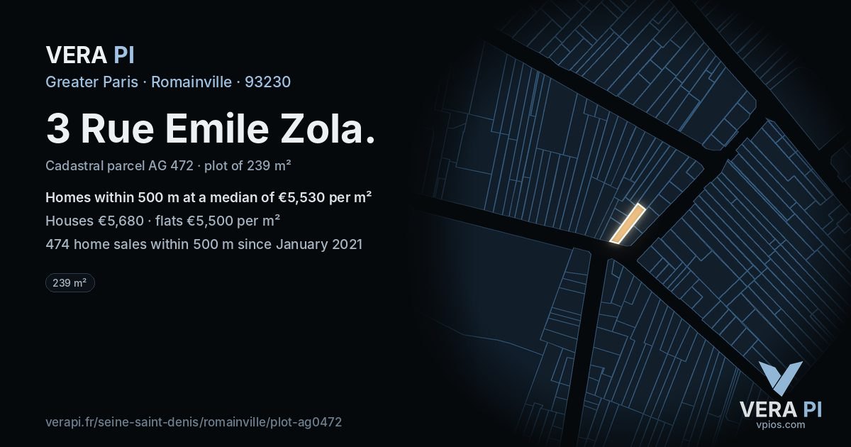 3 Rue Emile Zola, Romainville at night – the plot lit, the parcels around coloured by the prices near them