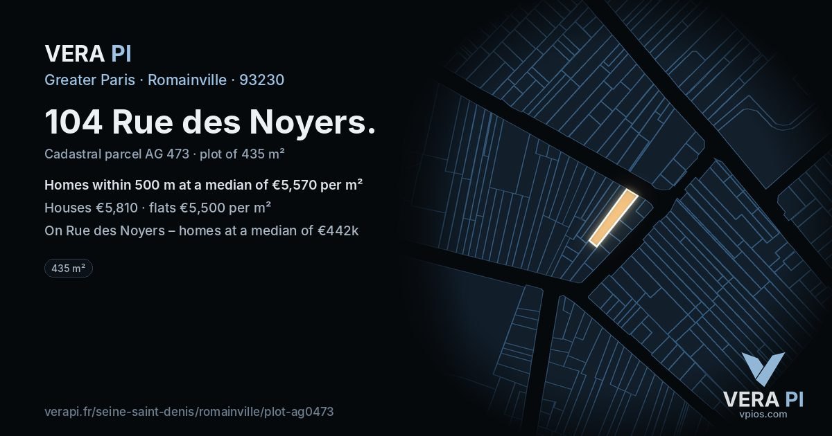 104 Rue des Noyers, Romainville at night – the plot lit, the parcels around coloured by the prices near them