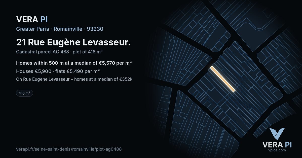 21 Rue Eugène Levasseur, Romainville at night – the plot lit, the parcels around coloured by the prices near them