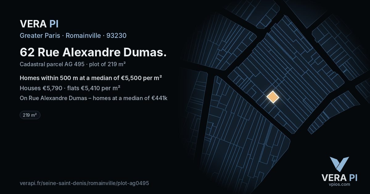 62 Rue Alexandre Dumas, Romainville at night – the plot lit, the parcels around coloured by the prices near them