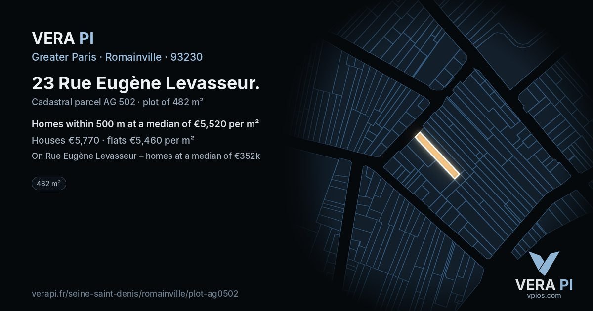23 Rue Eugène Levasseur, Romainville at night – the plot lit, the parcels around coloured by the prices near them