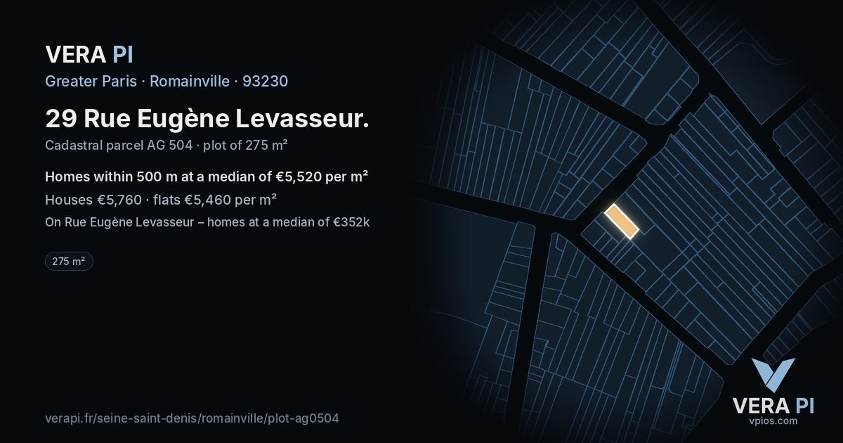 29 Rue Eugène Levasseur, Romainville at night – the plot lit, the parcels around coloured by the prices near them