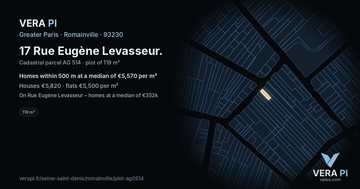 17 Rue Eugène Levasseur, Romainville at night – the plot lit, the parcels around coloured by the prices near them