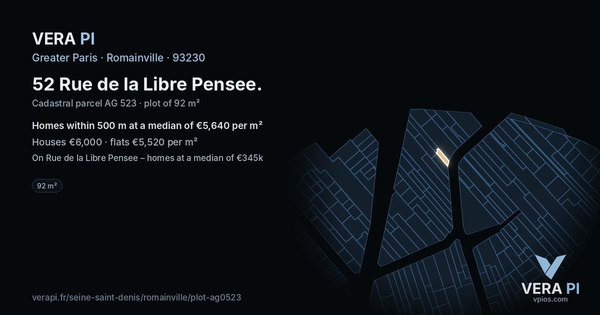 52 Rue de la Libre Pensee, Romainville at night – the plot lit, the parcels around coloured by the prices near them
