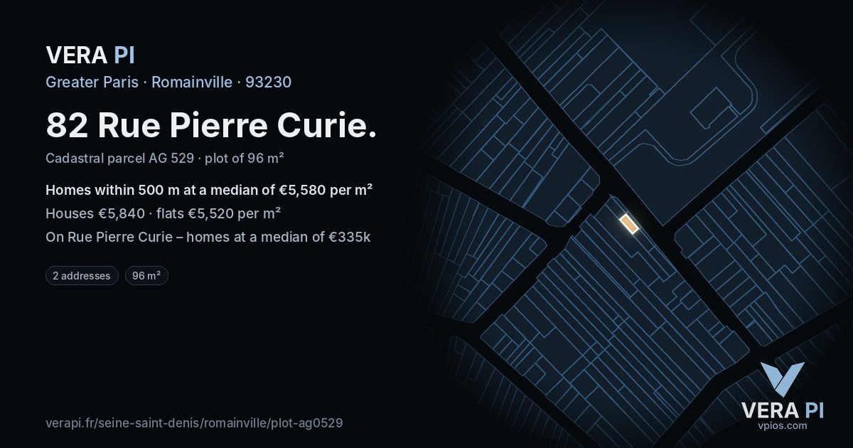 82 Rue Pierre Curie, Romainville at night – the plot lit, the parcels around coloured by the prices near them