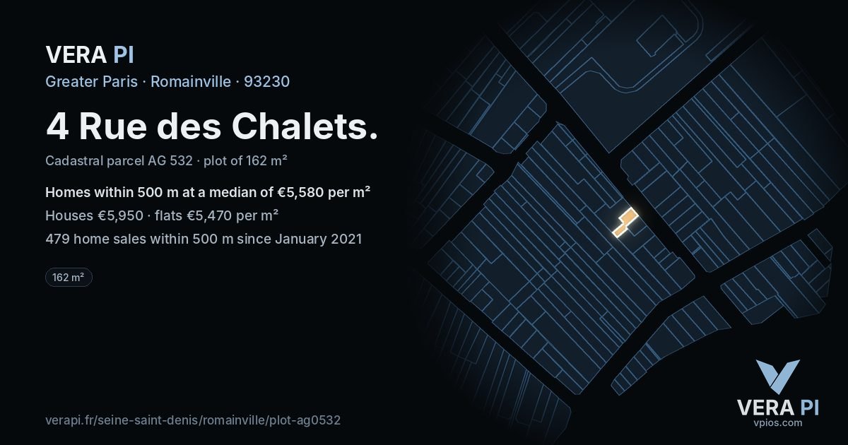 4 Rue des Chalets, Romainville at night – the plot lit, the parcels around coloured by the prices near them
