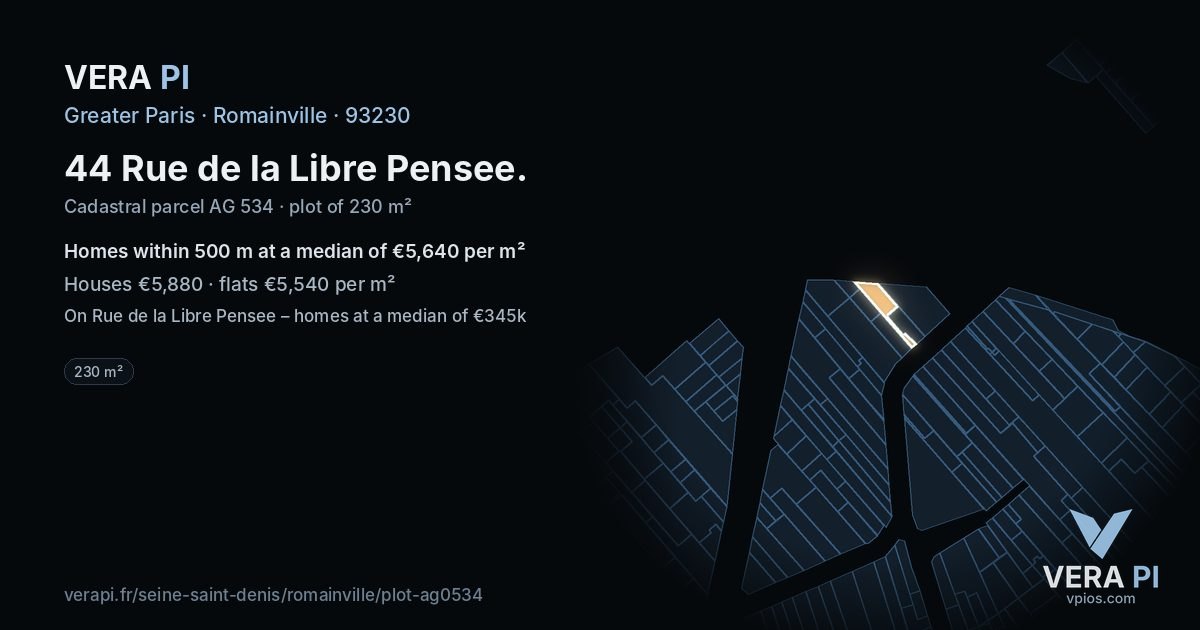 44 Rue de la Libre Pensee, Romainville at night – the plot lit, the parcels around coloured by the prices near them