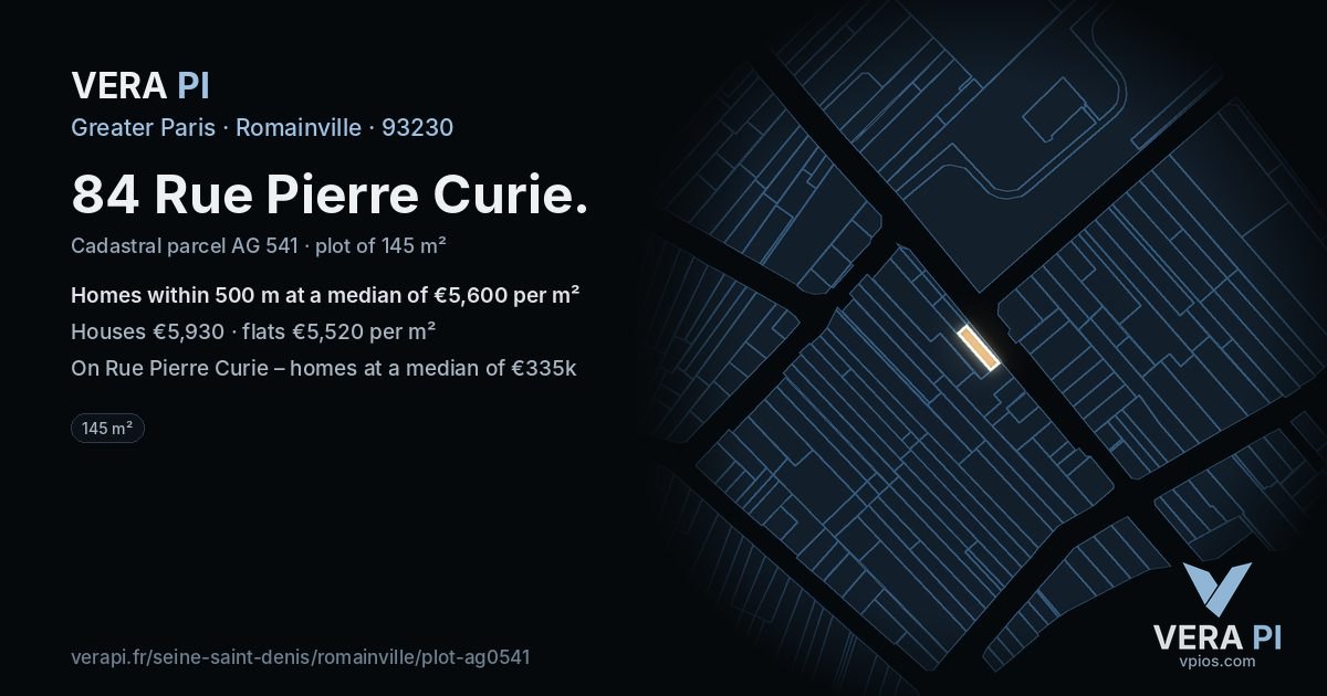 84 Rue Pierre Curie, Romainville at night – the plot lit, the parcels around coloured by the prices near them