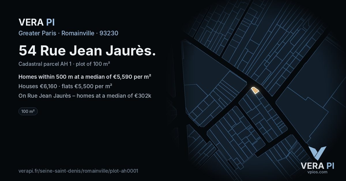 54 Rue Jean Jaurès, Romainville at night – the plot lit, the parcels around coloured by the prices near them