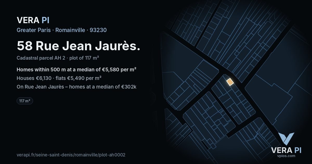 58 Rue Jean Jaurès, Romainville at night – the plot lit, the parcels around coloured by the prices near them