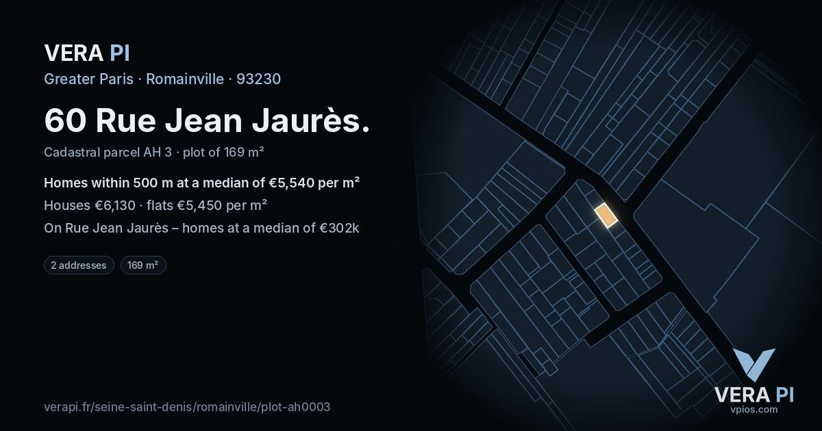 60 Rue Jean Jaurès, Romainville at night – the plot lit, the parcels around coloured by the prices near them
