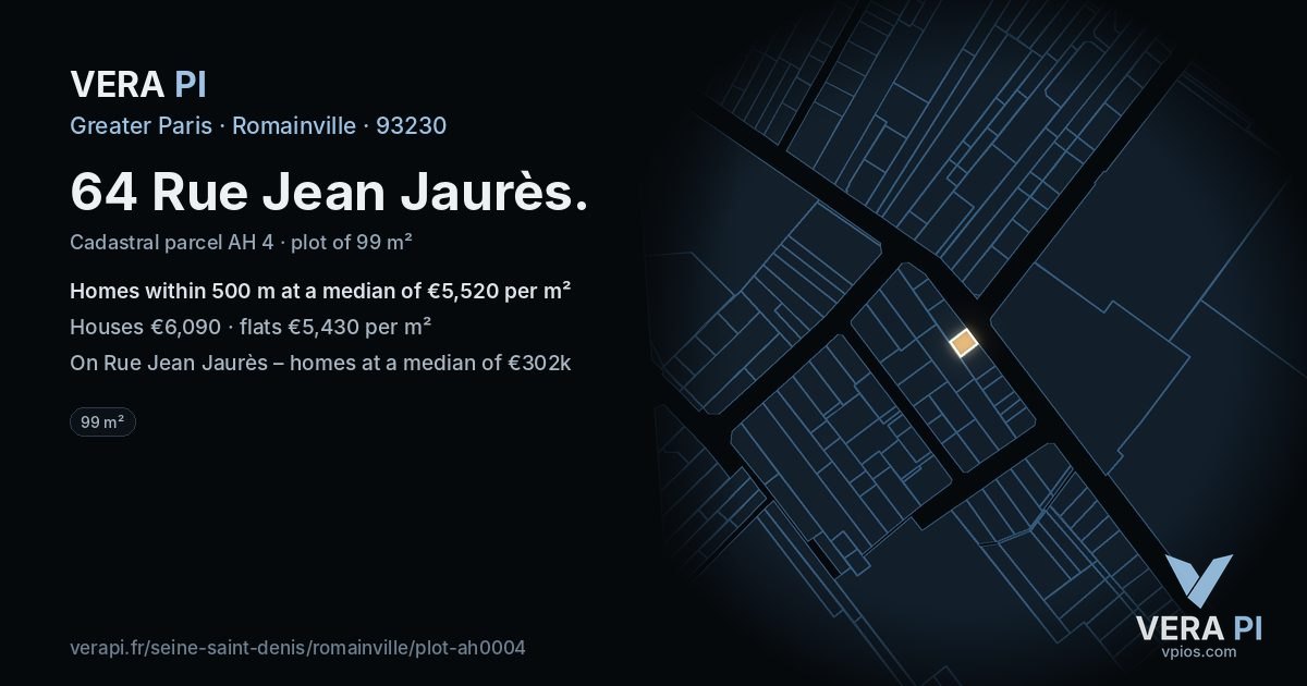 64 Rue Jean Jaurès, Romainville at night – the plot lit, the parcels around coloured by the prices near them