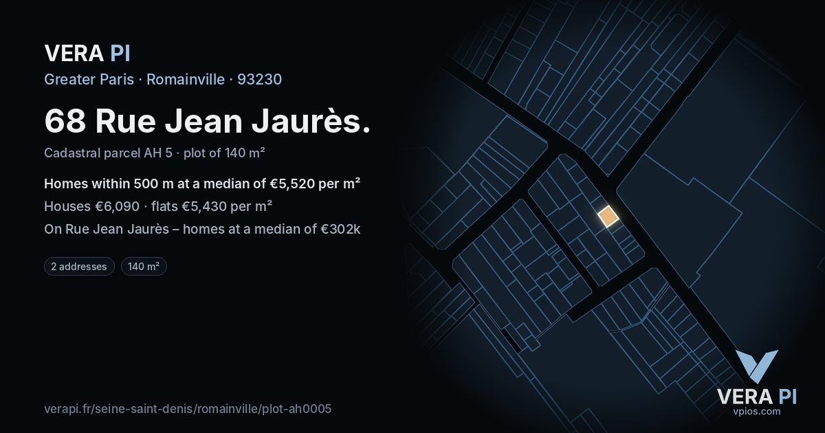 68 Rue Jean Jaurès, Romainville at night – the plot lit, the parcels around coloured by the prices near them