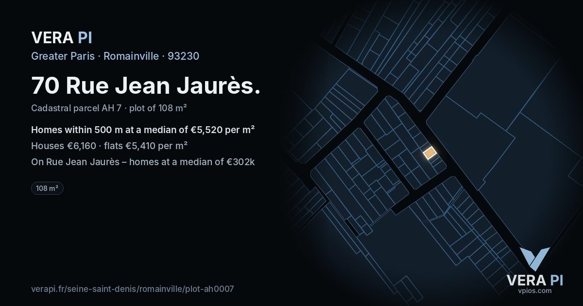 70 Rue Jean Jaurès, Romainville at night – the plot lit, the parcels around coloured by the prices near them