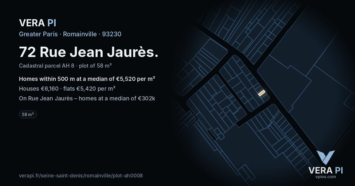 72 Rue Jean Jaurès, Romainville at night – the plot lit, the parcels around coloured by the prices near them