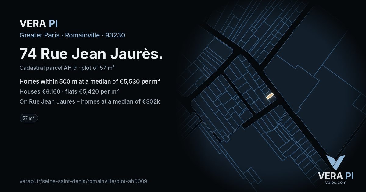 74 Rue Jean Jaurès, Romainville at night – the plot lit, the parcels around coloured by the prices near them
