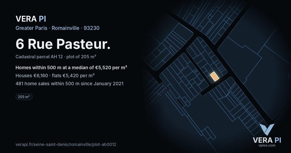 6 Rue Pasteur, Romainville at night – the plot lit, the parcels around coloured by the prices near them